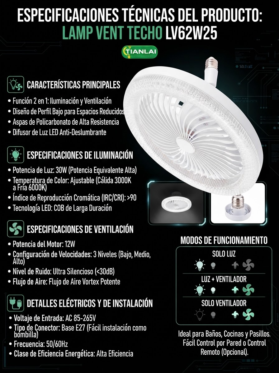 Lámpara Ventilador de Techo TIANLAI 25W