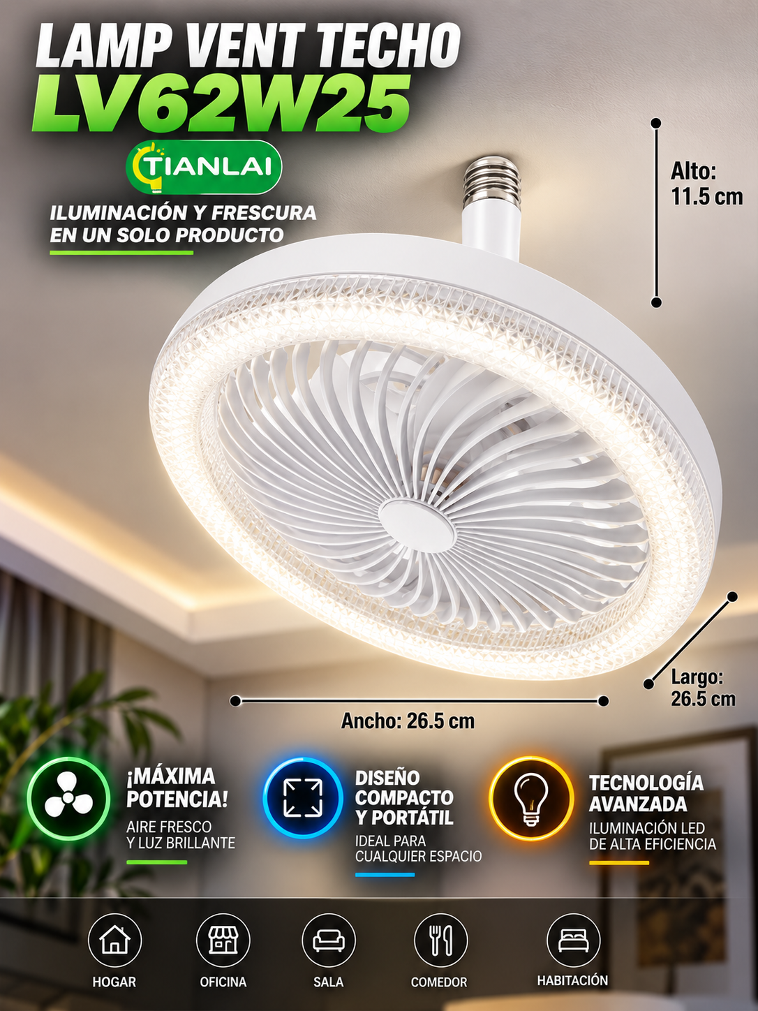 Lámpara Ventilador de Techo TIANLAI 25W
